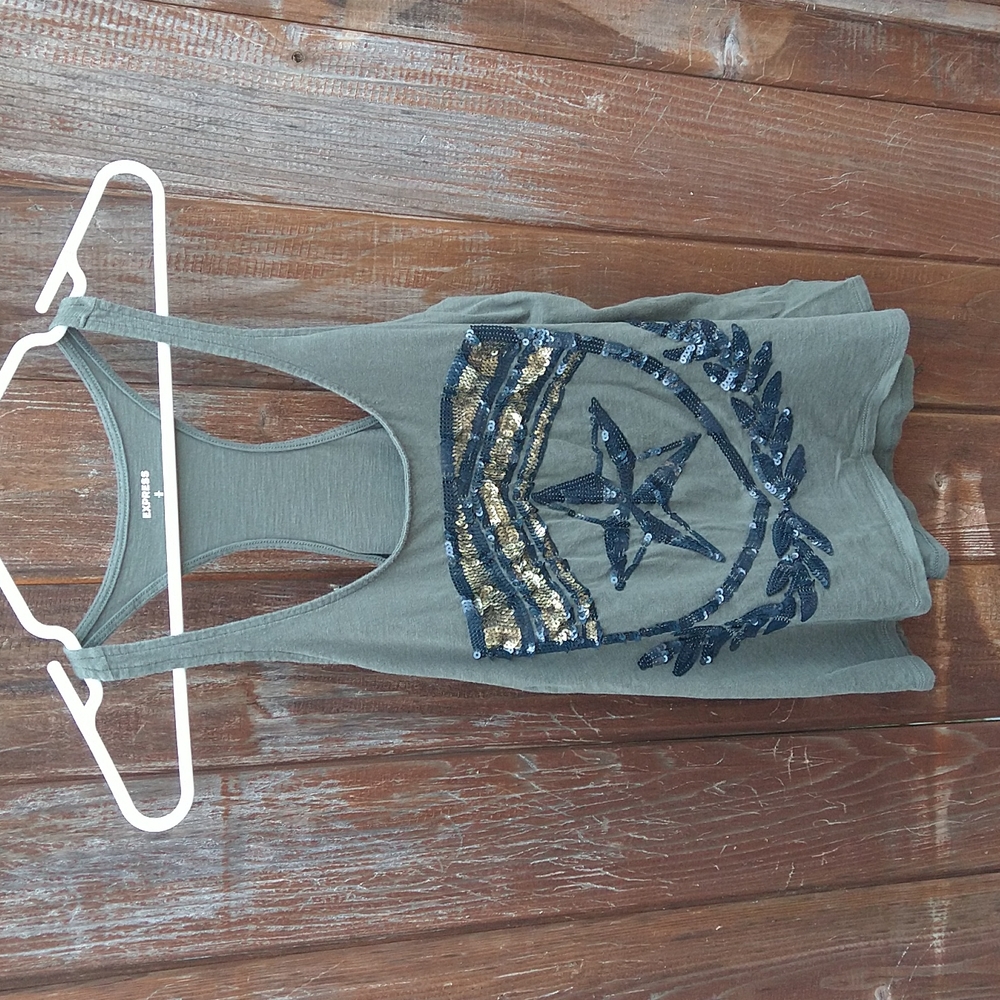 Sequin design, olive green tank. Express.